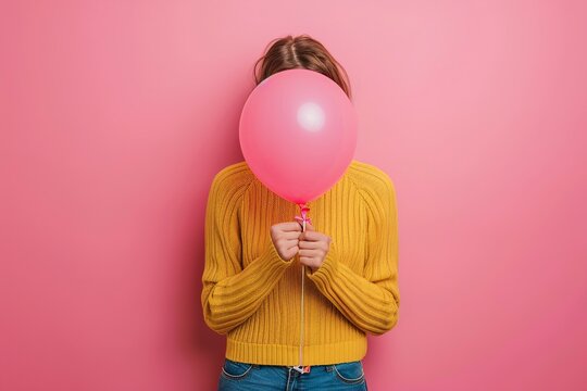 A Woman holding a balloon feeling bloated concept --