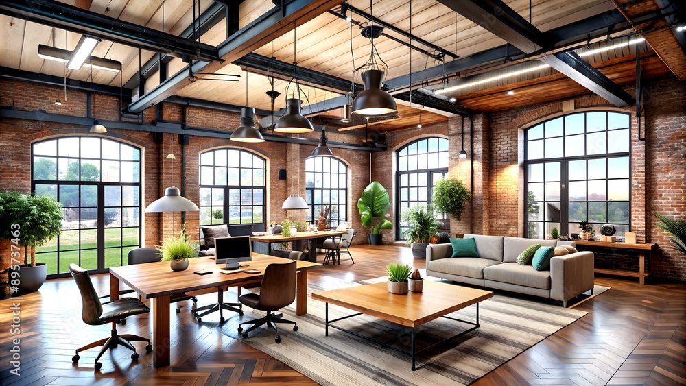 Poster industrial loft-style co-working space with open layout and exposed elements