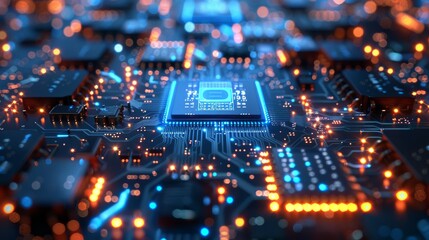 Microchip glowing with blue lights in the center of a circuit board with complex circuitry and chips