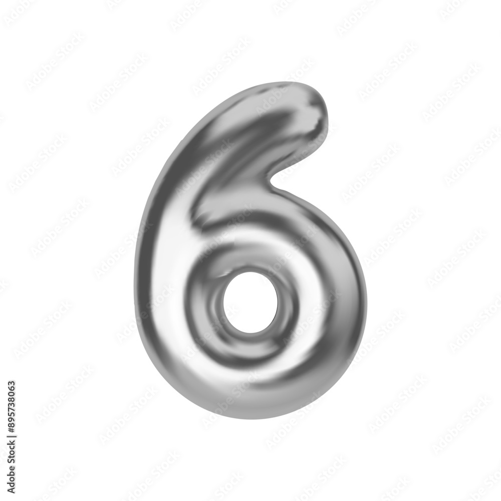 Poster silver number 6. foil and latex balloon number six in 3d style. realistic design elements isolated o
