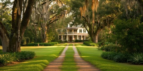 Southern Home Retreat: Tree-Lined Lane Leading to Charming House Amidst Greenery