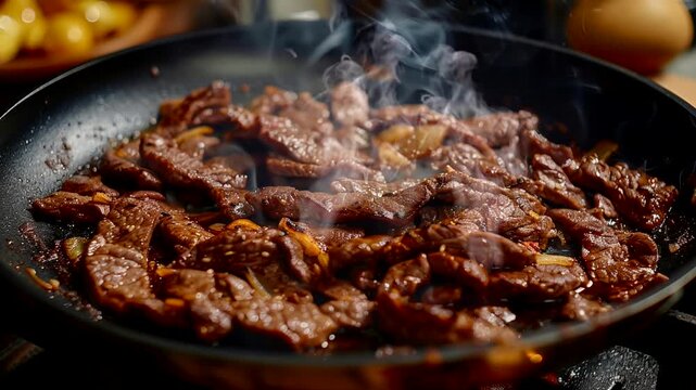 a dish of thinly sliced beef, combined with fennel and paprika spices, in a steaming pan on the stove. Seamless looping 4k time-lapse animation video background