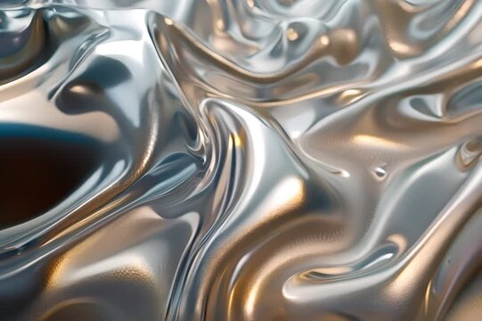 Abstract metallic liquid waves, seamless flowing silver texture, reflective surface background, modern and futuristic design