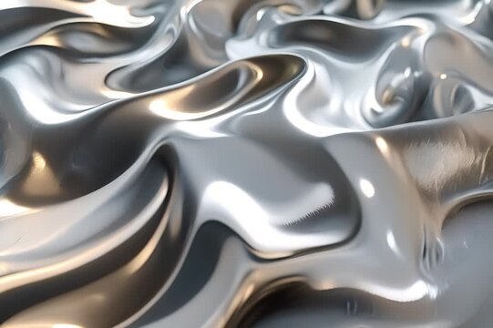 Abstract metallic liquid waves, seamless flowing silver texture, reflective surface background, modern and futuristic design