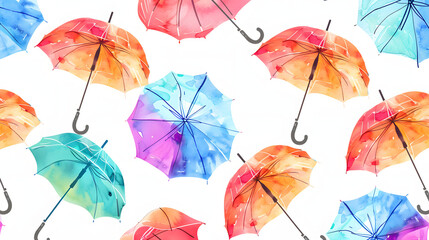 Vibrant rainbow umbrellas arranged in a whimsical pattern on a white background.