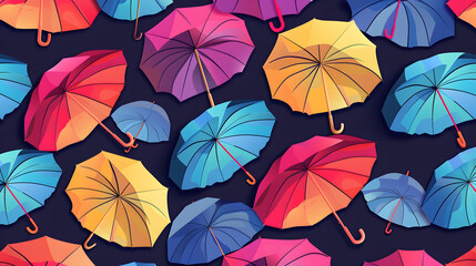 Naklejka premium Black background featuring a vibrant pattern of colorful umbrellas.