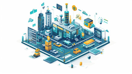 Obraz premium Illustration of a futuristic smart city with advanced technology, autonomous vehicles, and digital connectivity, highlighting urban innovation.