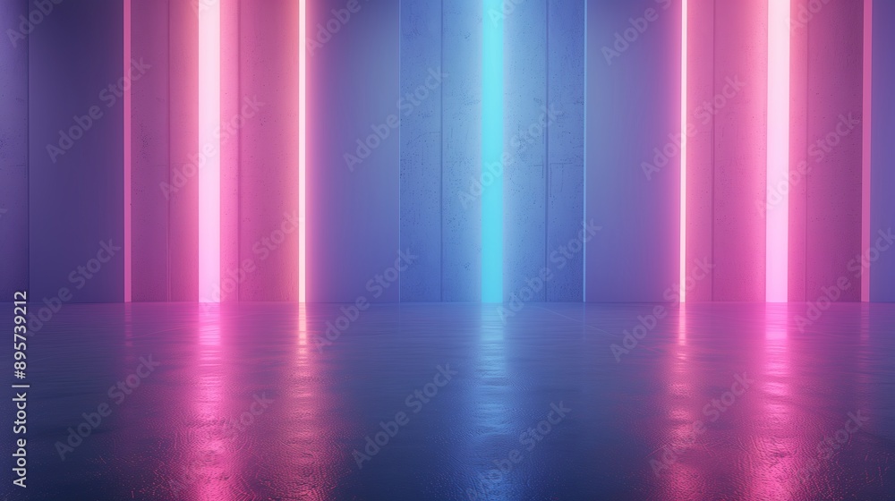 Aufkleber neon lights in empty concrete room with shiny reflective floor modern minimal futuristic background