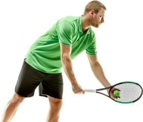Concentered man, tennis player in sportswear serving ball with racket, playing isolated on transparent background. Concept of sport, competition, tournament, game, active lifestyle