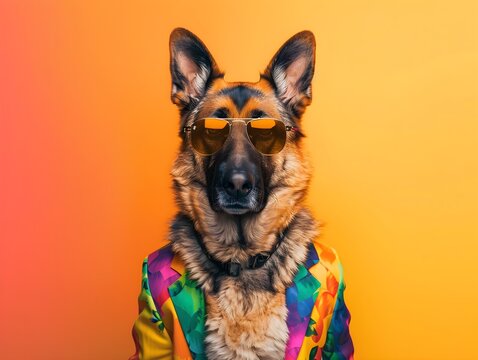Cool dog wearing suit and sunglasses