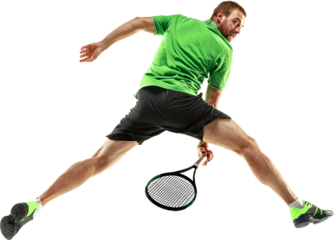 Dynamic image of man, tennis player in motion with racket, playing isolate don transparent background. Concept of sport, competition, tournament, game, active lifestyle