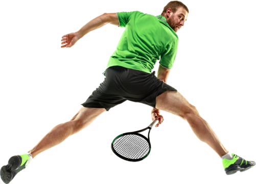 Dynamic image of man, tennis player in motion with racket, playing isolate don transparent background. Concept of sport, competition, tournament, game, active lifestyle - Powered by Adobe