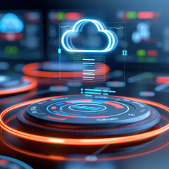 3D illustration of advanced cloud data analytics interface, featuring vibrant neon elements, futuristic controls, emphasizing digital technology and data management.