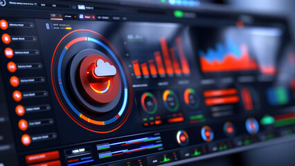 A sophisticated 3D illustration of an interactive cloud analytics dashboard, featuring vibrant neon colors and detailed data visualizations, emphasizing modern cloud technology and data analysis.