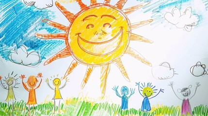 Happy children under a smiling sun. Coloring book style illustration.