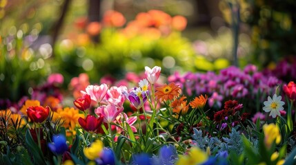 Obraz premium Colorful flowers blooming in a picturesque spring garden background