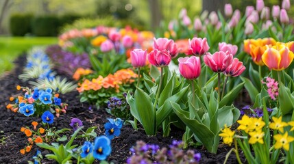 Colorful flower beds in a spring garden with tulips, lilies, and pansies