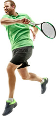 Full-length image of man, tennis player in sportswear serving ball with racket, playing isolated on...