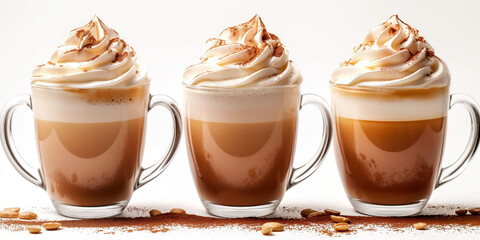 Three delicious whipped cream topped coffee drinks, cappuccino, latte, macchiato, on a white background, coffee concept