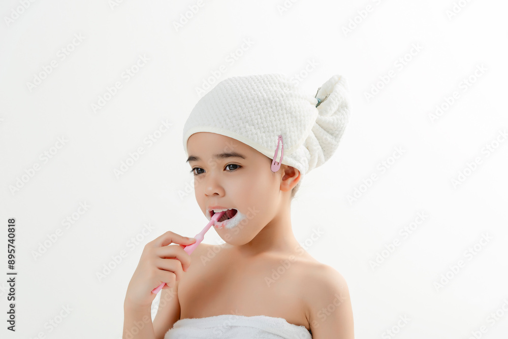 Sticker Smiling Child Brushing Teeth in Bathroom With Towel Wrap