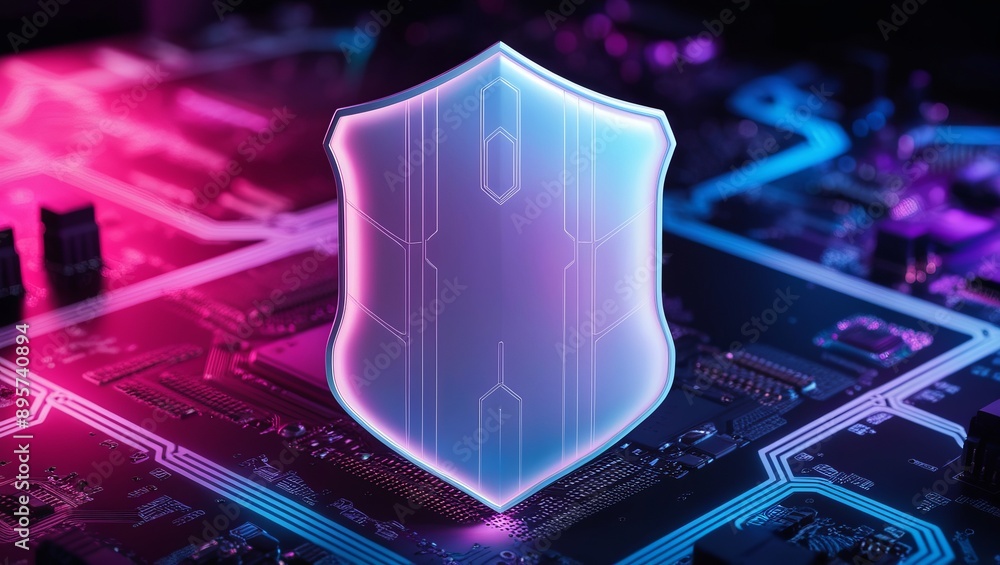 Aufkleber glowing shield icon on a digital circuit board background, representing cybersecurity and data prote