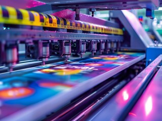 An industrial printing machine in the middle of a printing process, displaying the complex and advanced functionality of modern printing technology in action.