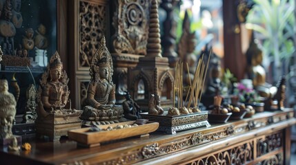 Fototapeta premium Detailed view of a Thai altar table featuring intricate carvings, religious icons, and ceremonial items