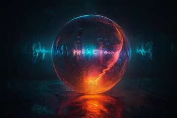 Neon graphic ball in a dark space.
