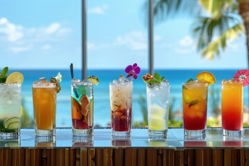 Variety of colorful tropical drinks with garnishes, ready to be served at a beach bar or a tropical getaway.