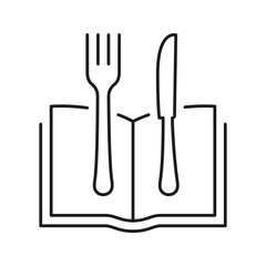 Open Book With Fork And Knife Line Icon Representing Menu And Healthy Dining. Book With Cutlery For Healthy Food And Dining. Cookbook Symbol. Isolated Vector Illustration
