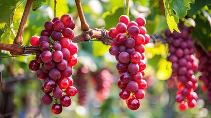 Lush red grapes growing on the vine in a beautiful grape farm
