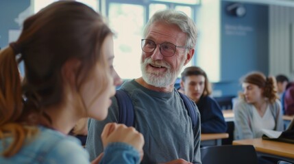 Fototapeta premium An elderly man and a young woman converse in an academic setting.