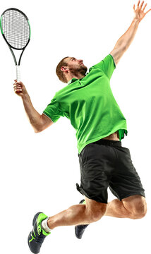 Dynamic image of focused man, tennis player hitting ball with racket in a jump, playing, training isolated on transparent background. Concept of sport, competition, tournament, game, active lifestyle