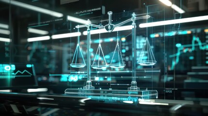 high-concept image of a budget as a series of digital scales, each balancing different financial elements, displayed in a modern financial analysis lab