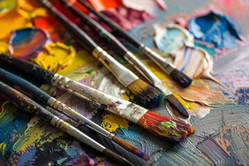 Fototapeta premium Paintbrushes with Mixed Colors on a Palette in an Artistic Display