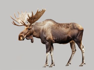 A majestic male moose with large antlers stands in a natural forest habitat. This could be considered a hunting trophy due to its impressive size and display.