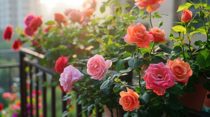 Roses of various colors, basking in the soft glow of evening light, nestled on a balcony railing, exuding a sense of tranquility and evening serenity in an urban setting.