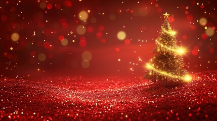 Christmas tree with red background, glitter, Gold shimmer,Merry christmas day vector background design,hristmas showcase backgrounds with 3d podium,snowdrift.banner Vector illustration,copy space.