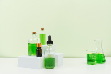 Natural Green Skincare Products With Herbal Leaves in Laboratory
