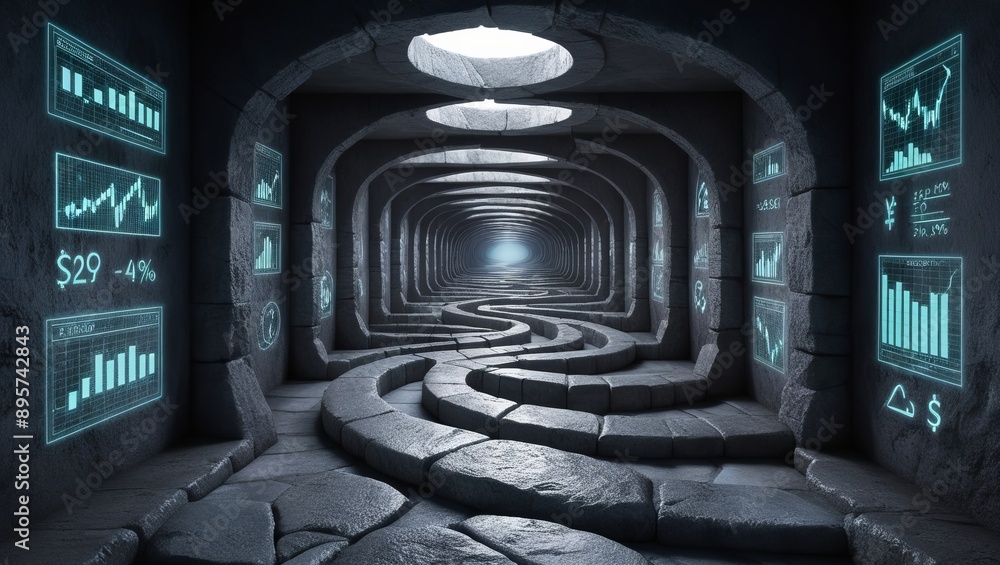 Aufkleber a futuristic underground tunnel with digital financial data on screens, creating a high-tech and ana