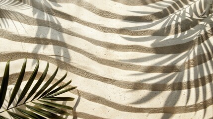 Obraz premium Sandy Zen garden backdrop for tranquil meditation. Sand patterns and palm leaf shadows. Harmony, balance, spa ambiance. Top view, ample copy space.