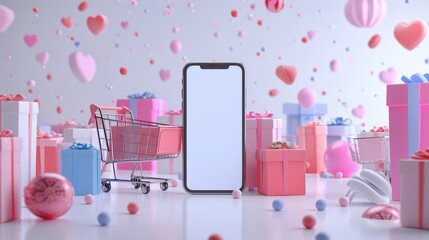 Shopping Online on mobile application with shopping cart and gift box ,Smartphone with online shopping concept,Vector 3d ad illustration for promotion Sale,happy new year,marketing website mobile.