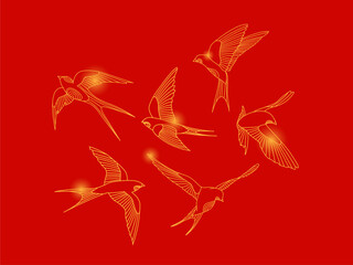 Lunar New Year flying swallow line vector set. Chinese New Year Tet Festival decorative illustration elements.