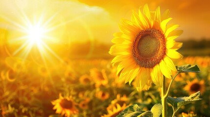 Obraz premium Sunflower facing the sun, with a background of a yellow field