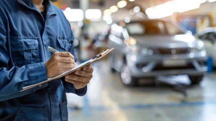 A mechanic, holding a clipboard and pen, is writing important notes in a busy, well-lit auto repair shop with a white car on a lift in the background, highlighting professional focus.