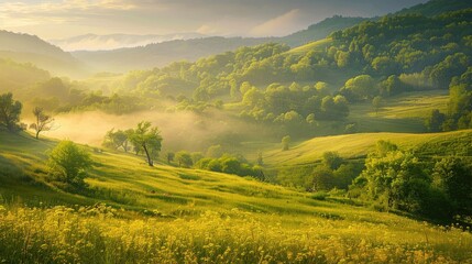 Obraz premium Wide rural landscape with lush meadows and tree-covered hills on a warm summer morning