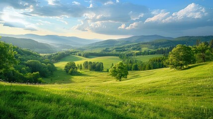 Fototapeta premium Wide rural landscape with lush meadows and tree-covered hills on a warm summer morning
