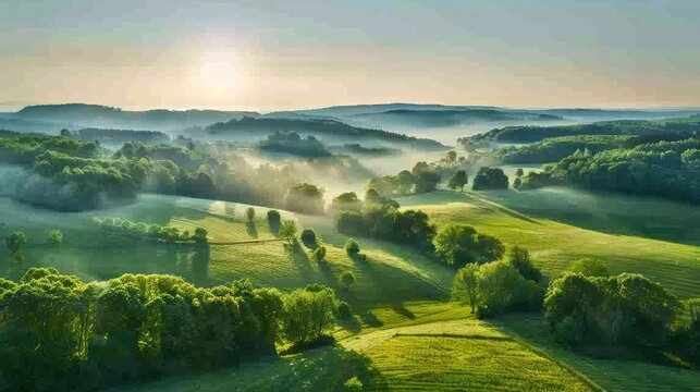 Wide rural landscape with lush green fields and forested hills under a clear morning sky