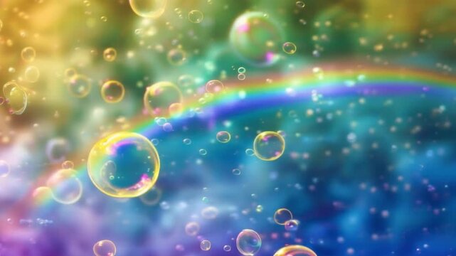 A bright video postcard with soap bubbles flying in the air on a rainbow background with free space on the right