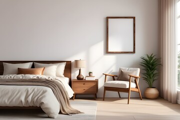 Mockup poster frame in Scandinavian bedroom interior background, mockup frame design, frame mockup